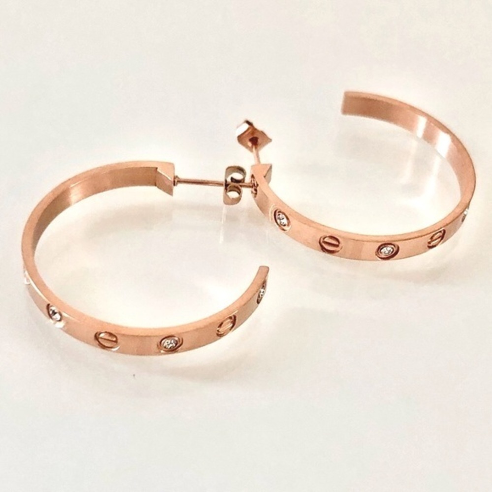 Rose Gold Screw Zirconia Hoop Earrings